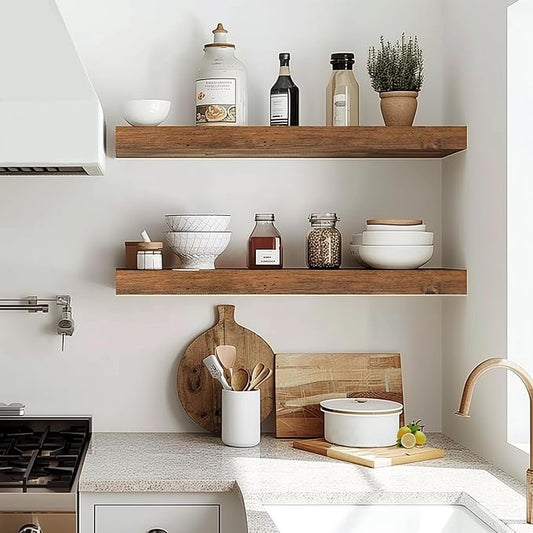 INHABIT UNION Rustic Brown Floating Shelves for Wall,24in Wall Mounted Display Ledge Shelves Perfect for Bedroom, Bathroom, Living Room and Kitchen Decoration Storage (Rustic Brown, Set of 2)