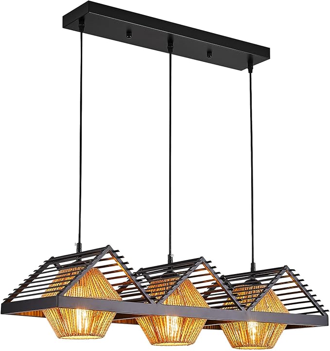 3-Lights Boho Chandelier,Dining Room Light Fixtures Over Table with Handwoven Shade, Rustic Pendant Lights for Kitchen Island,Adjustable Height Hanging Light