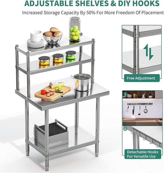 YITAHOME NSF Stainless Steel Work Table With Overshelves, 30" X 24" With 30" X 12" Shelf, Metal Prep Table for Home Kitchen Restaurant Garage Warehouse