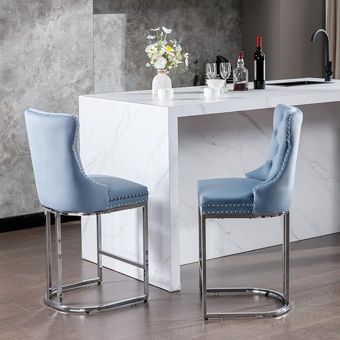 26" Counter Height Bar Stools Set of 2, Modern Velvet Barstools with Button Back&Rivet Trim Upholstered Kitchen Island Chairs with Sturdy Chromed Metal Base Legs