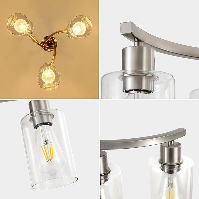 Sigaitwei 3 Light Brushed Nickel Modern Pendant Light, 16.5" Kitchen Island Lighting with Clear Glass Shade, Adjustable Dining Room Chandelier Over Table, Farmhouse Industrial Hanging Fixture