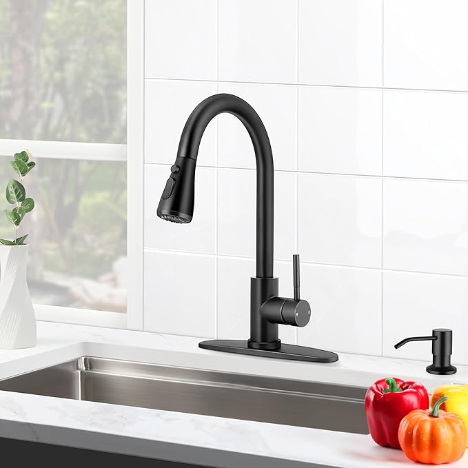 Herogo Black Kitchen Sink Faucet Set with Pull Down Sprayer and Soap Dispenser, Stainless Steel Rv Outdoor Kitchen Faucet for 1-3 Hole with Pop Up Drain, Deck Plate and Supply Hose