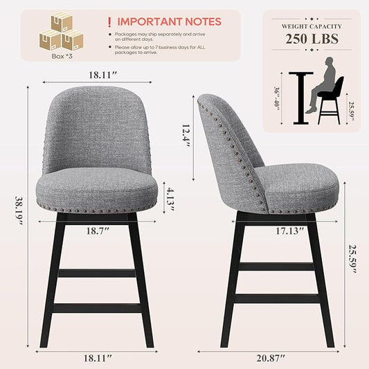 MALOL Swivel Bar Stools Set of 6, Upholstered Fabric Mid Century Mondern Barstools, 26 inch Counter Height Bar Chairs with Solid Back and Wood Legs, for Kitchen Island,Dark Grey