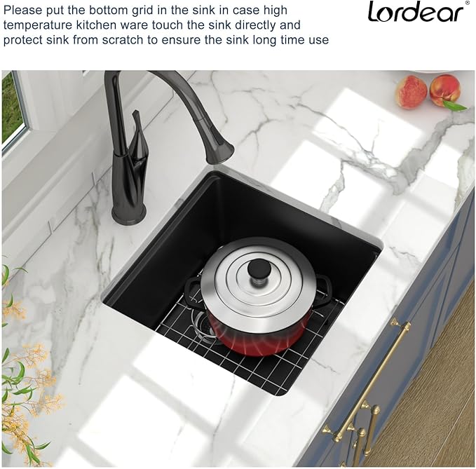 Lordear 18 Inch Undermount Granite Composite Bar Sink 18"x18" Composite Quartz Kitchen Sinks Black Single Bowl Under Counter Ledge Workstation Bar Prep RV Sink Basin