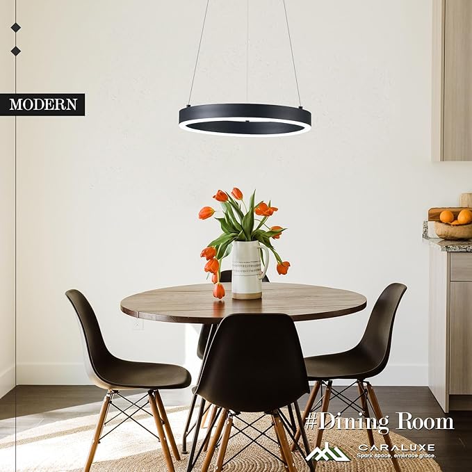 12in LED Ring Chandelier Black Modern Dimmable Pendant Light Height Adjustable Circular Hanging Ceiling Fixture for Kitchen Island Dining Table Entryway Sink