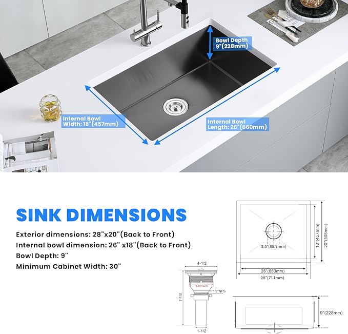 POPFLY 28×20 Inch Undermount SUS 304 Kitchen Sink, 18 Gauge Stainless Steel Handmade 9 Inch Deep Single Bowl Kitchen Sinks PVD Gunmetal Finish, Black