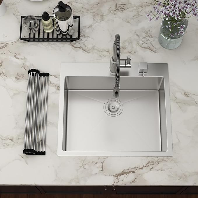 25 x 22 Inch Drop In Kitchen Sink Stainless Steel Single Bowl 25 Inch Drop In RV Laundry Utility Sink Large Deep Handmade Topmount Sinks 25"x22"x9"