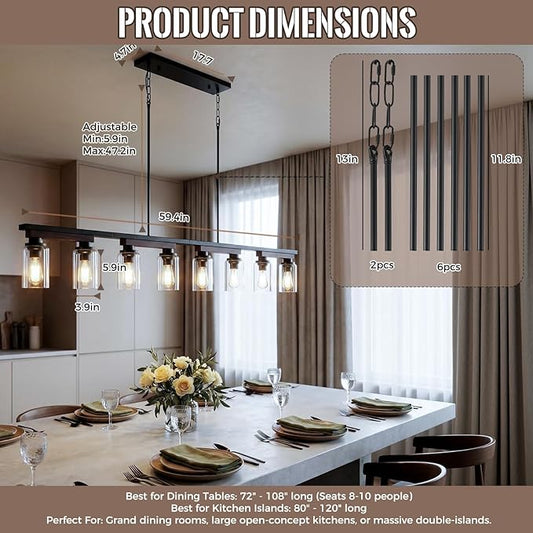 8-Light Kitchen Island Lighting & Farmhouse Dining Room Light Fixtures Over Table, 60in Rustic Linear Chandelier Adjustable Ceiling Hanging Pendant - Rotating Design, Customizable Shapes, Clear Glass