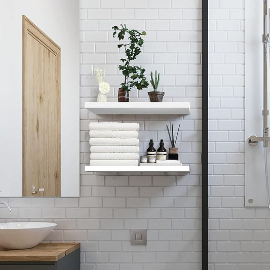 SAUMONIERES 24 Inch Floating Wall Shelves for Bedroom Bathroom Wall Mounted Solid Wood Shelf Storage Set of 2, White