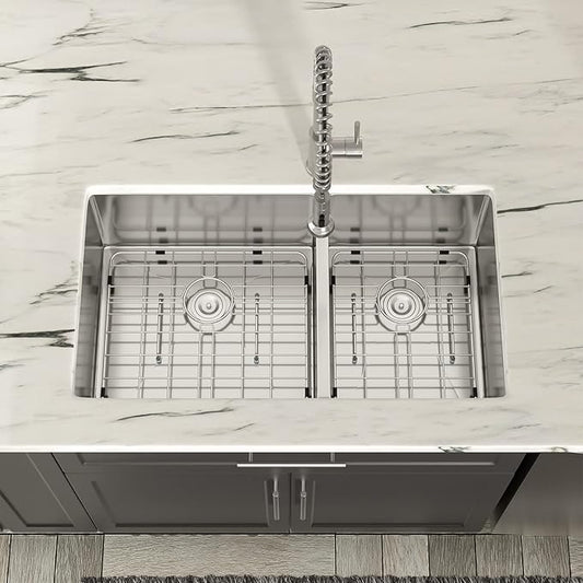 Dcolora 36" Extra Large Double Bowl Kitchen Sink Undermount 60/40 Split 16 Gauge 304 Stainless Steel Double Sinks, Round Corner 36"x19"x10" DC-U7741