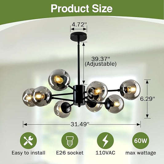 SZXYKEJI 8-Light Sputnik Chandelier Black Mid Century Glass Globe Ceiling Light Fixture Modern Bubble Chandelier for Dining Room Living Room Kitchen Bedroom Farmhouse.