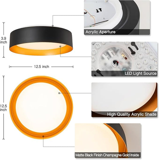 Bargeni Flush Mount Ceiling Light,12.5 inch LED Ceiling Light with Night Light,Matte Black with Gold Inside,24W/2700K/3000K/4000K/5000K/6000K/5CCT Selectable,Light Fixtures Ceiling Mount for Bedroom