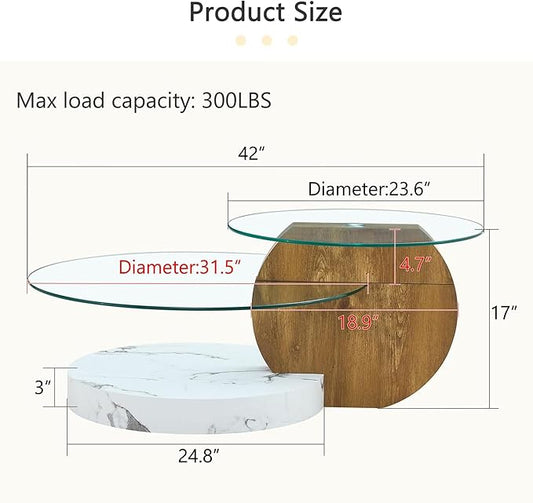 Glass Coffee Table, Modern Round Glass Coffee Table with Wooden Base, 3 Tier Round Coffee Table, Clear Cocktail Table with Storage for Living Room, Office, Balcony (42″ Wood and White)