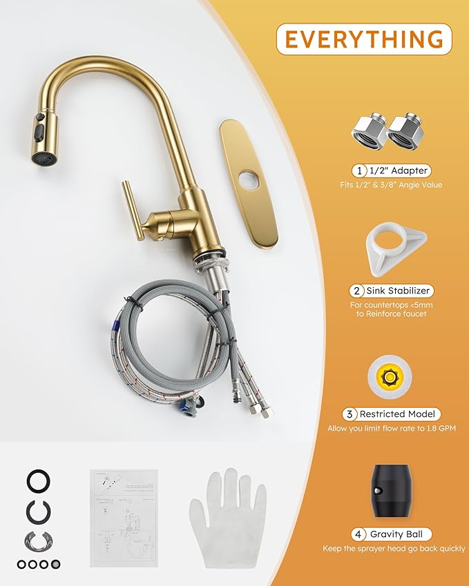Gold Kitchen Faucet with Pull Down Sprayer: WOWOW High Arc Single Handle Classic Stainless Steel Sink Faucet 1 or 3 Hole,Kitchen Sink Faucet Suitable for Farmhouse Camper Laundry Rv Bar