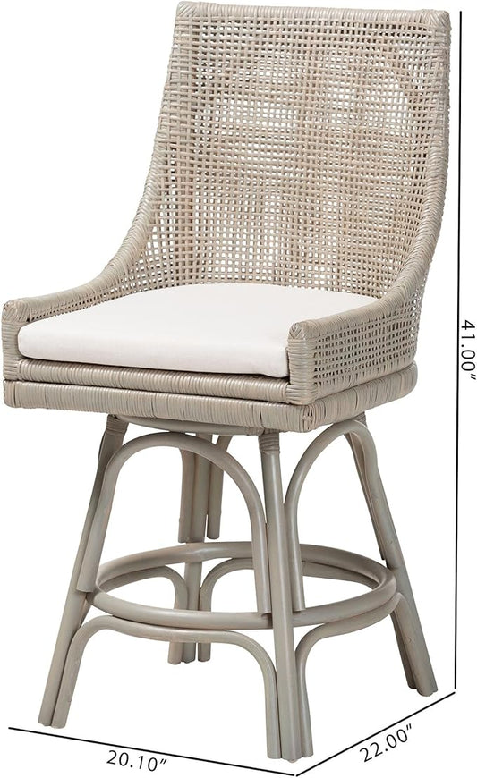Bali & pari Bella Swivel Rattan Counter Stool with Cushion - Handwoven Wicker Kitchen Island Seating with Backrest and Footrest, French Grey