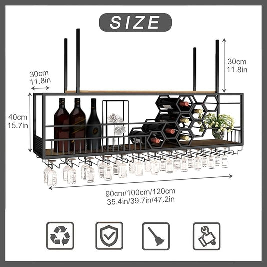 47.2in Ceiling Wine Glass Rack, Large Capacity Hanging Wine Rack, Honeycomb Hanging Wine Racks for Wine Bottles, Wine Storage Display Rack for Home Bar Dining Room Kitchen ( Black, 47.2inch/120cm)
