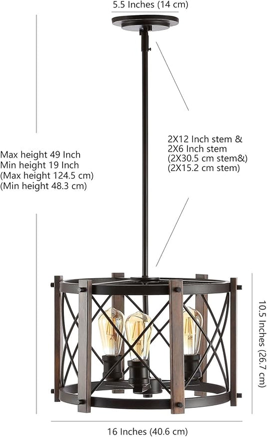 JONATHAN Y 16" Oil Rubbed Bronze 3-Light Farmhouse Drum Pendant Light, Industrial Dimmable LED Chandelier for Kitchen, Iron Metal Basket Shade, Bulbs Included JYL7501A