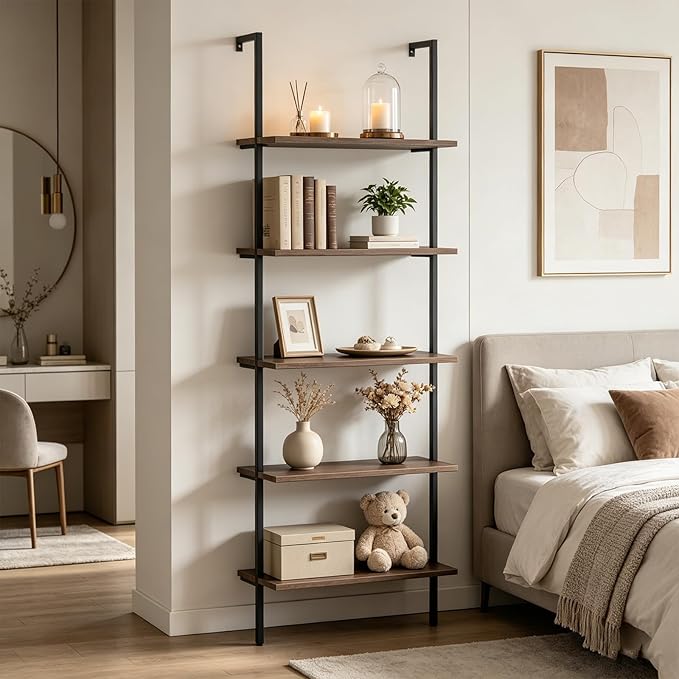 Wolawu 5 Tiers Ladder Shelf 2-Piece Black Modern Tall Bookshelf Open Large Tall Wall Mount Storage Bookcase Standing Leaning Wall Shelves Industrial Decorative (Brown)