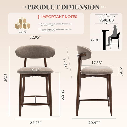 Upholstered Counter Height Bar Stools Set of 6, Kitchen Island Stools with Back, Modern Counter Stools Island Bar Chairs with Wood Legs for Kitchen Island Dining Room Bar, Camel