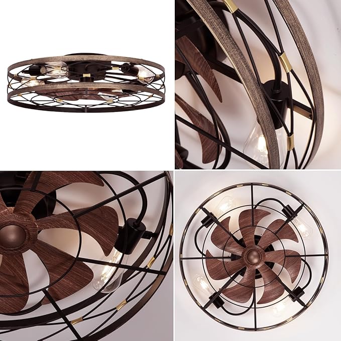SHLUCE 21.7" Farmhouse Flush Mount Caged Ceiling Fans with Lights and Remote, Low Profile Fandelier Ceiling Fan with Light, Small Rustic Bladeless Ceiling Fan with Light for Kitchen, Bedroom, 6 Speeds