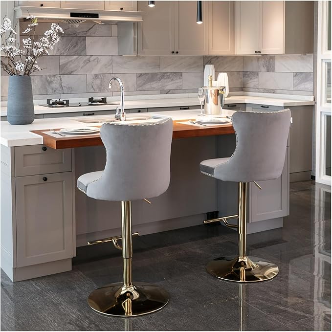 Golden Swivel Velvet Barstools Adjusatble Seat Height from 25-33 Inch,Modern Upholstered Bar Stools with Backs Comfortable Tufted for Home Pub and Kitchen Island,Gray,Set of 2,for Living Room