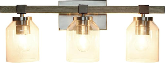 Elegant Designs VT1020-GRY 22" Country Farmhouse Gray and Brushed Nickel Decorative 3 Light Wall Mounted Metal Vanity Fixture with Clear Glass Shades for Bathroom, Entryway, Hallway