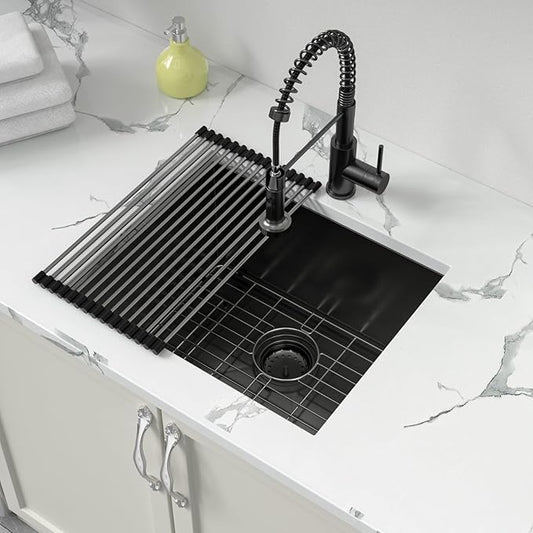 Sarlai Black Undermount Laundry Sink 21 Inch - 12 Inch Deep Undermount Laundry Utility Gunmetal Black Sink Single Bowl Kitchen Sinks 16 Gauge Stainless Steel Laundry Tub Sinks Basin 21"x18"x12"