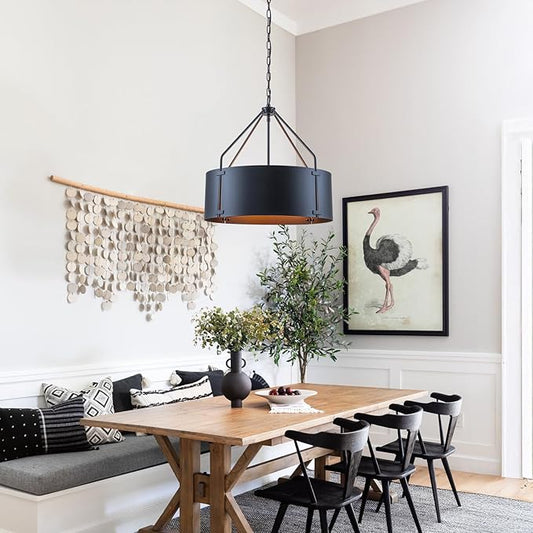 Drum Chandeliers for Dining Room,22 in Black Metal Dining Room Light Fixture Over Table, Industrial Modern Farmhouse Pendant Light for Kitchen,Entryway,Living Room