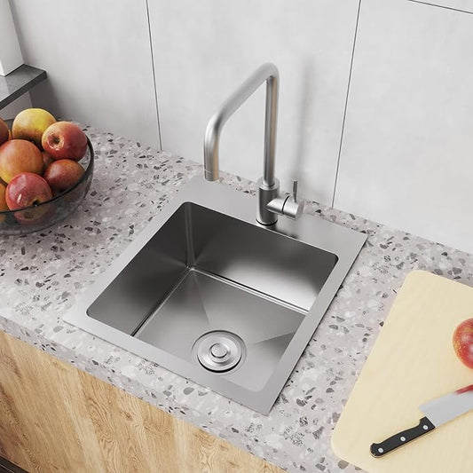 15" x 17" Drop in Bar Sink 304 Stainless Steel Single Bowl Kitchen Sink with Drain Kit, Brushed
