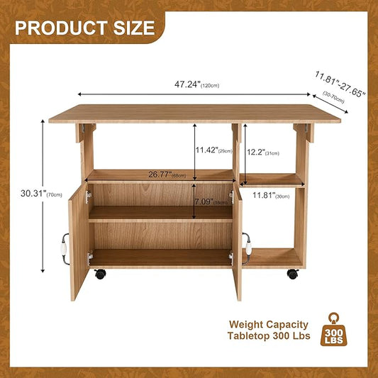 47" Foldable Dining Table for Small Space, Farmhouse Folding Kitchen Table with Storage Shelves and Wheels, Versatile Drop Leaf Table Extendable for Living Room, Dorm, Office, RV (Ancient Oak)