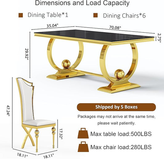 7-Piece Modern Dining Table Set, 70" Black Tempered Glass Kitchen Table with Gold Polished Stainless Steel U-Shaped Pedestal Base and 6 White High Back Chairs with X-Shaped Legs, for Dining Room