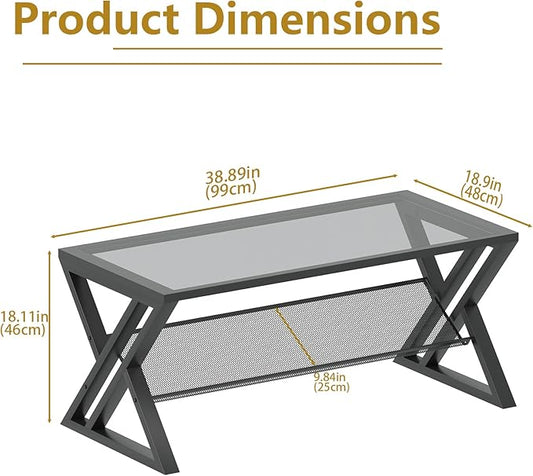 Wolawu Glass Coffee Table Living Room Table with Storage Shelf, Grey Glass Table Simple Modern Rectangular Tables with Sturdy Black Metal Frame,Industrial Glass Coffee Table for Bedroom Home Office