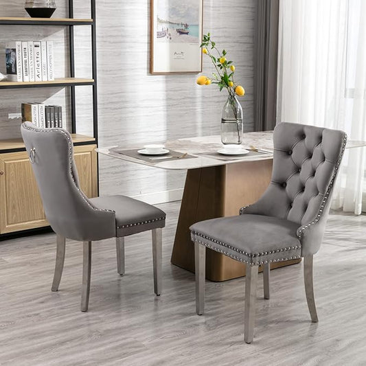 Ball & Cast Contemporary Upholstered Dining Chairs Set of 2, Velvet Button Tufted Kitchen Side-Chairs with Hang Ring & Nailhead Trims & Chrome Solid Wood Legs, 2-Piece Traditional Chair, Chrome+Gray