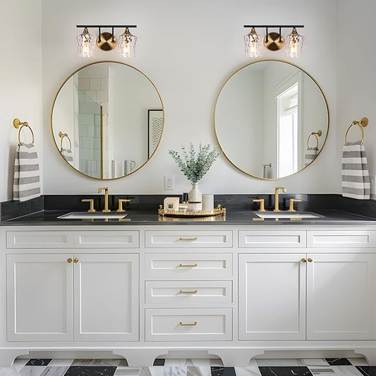 KSANA Bathroom Vanity Lights, 2-Light Black and Electroplated Brass Vanity Light Over Mirror Mid-Century Modern Bathroom Light Fixtures with Textured Glass, 14" L x 6.7" W x 7.3" H