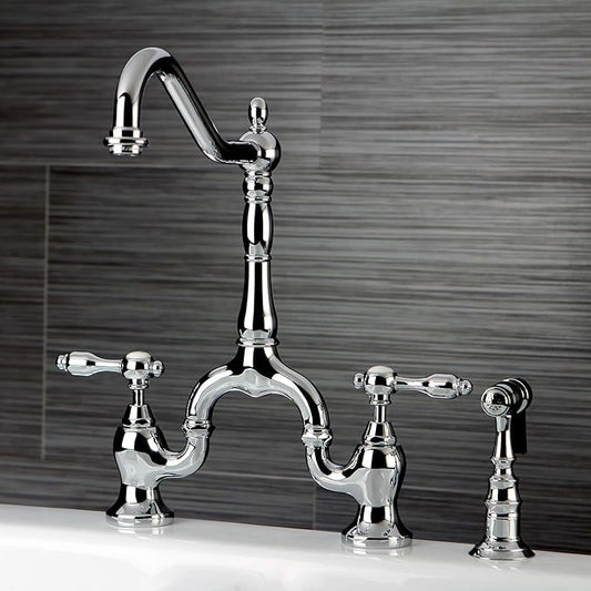 Kingston Brass KS7751TALBS Tudor Bridge Kitchen Faucet, Polished Chrome, 13.88 x 8.25 x 14.5