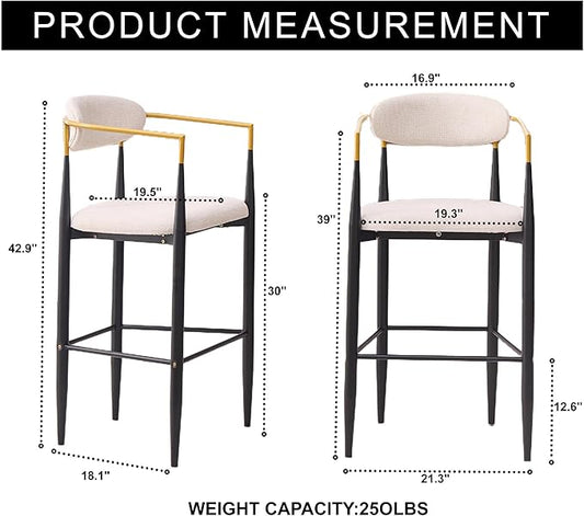 Modern Upholstered Accent Chair Set of 2 with Ergonomic Backrest,Gold Accented Armrests,Linen Fabric Seat,Black Metal Frame,Contemporary Seating for Dining Room,Kitchen Island (Beige,Bar Stool)