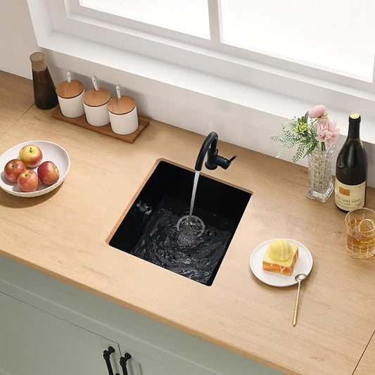 Black Undermount Bar Sink, 13 x 13 Inch Granite Composite Quartz Small Kitchen Sink Wet Bar Single Bowl Deep Basin with Countertop Squeegee Brush Combo
