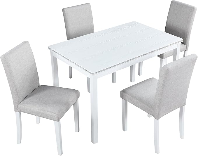 5 Piece Dining Table Set for 4, Rectangular Wooden Kitchen Table with 4 Upholstered Chairs, Elegant White Dining Room Set with Crystal Decoration