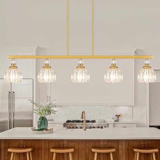 Gold Island Light for Kitchen, 5-Light Linear Chandelier for Kitchen Island with Tulip Glass Shades, Brushed Gold Finish Hanging Light Pendant Fixture Over Dining Table