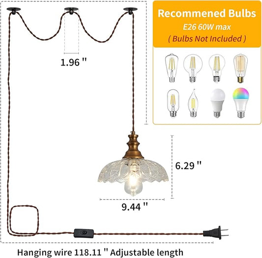 Plug in Pendant Light Industrial Pendant Lighting with Plug in Cord 9.8ft Hanging Lamps Clear Glass Shade Bronze Light Fixture for Living Room Kitchen Dining Room Bedroom