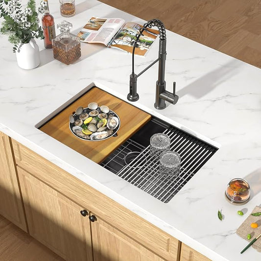 32x19 Black Undermount Kitchen Sink - Workstation 16 Gauge 304 Stainless Steel Single Bowl Under Counter Handmade Sinks with Mixing Bowl, Cutting Board, and Pasta Strainer #TLU-0043