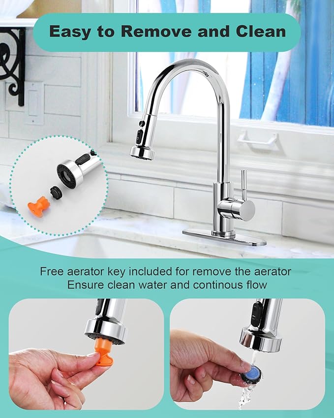 Pull Down Faucet Head Replacement: 3-Function Kitchen Faucet Sprayer Head Replacement with 9 Adapters - Chrome Sink Spray Nozzle Compatible with Moen, Delta, American Standard Faucets
