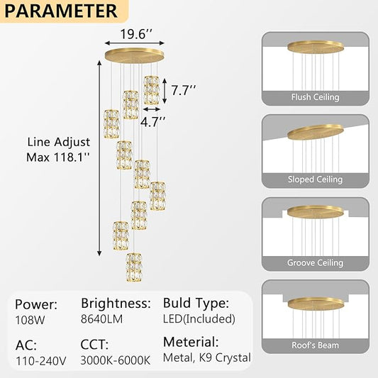 9-Lights Modern Crystal LED Dimmable for Staircase Foyer High Ceiling Chandeliers Hallway Gold