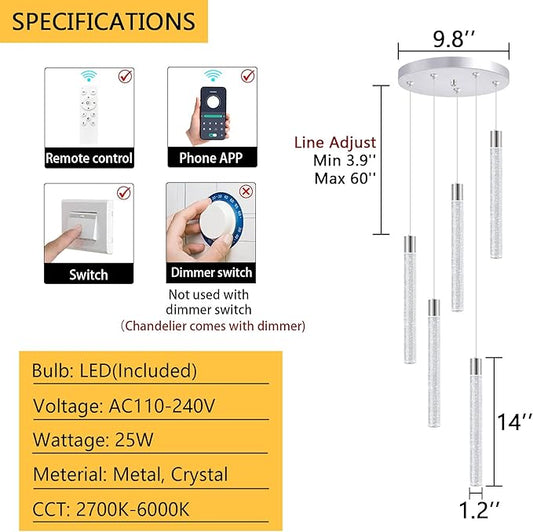 5-Lights Modern Crystal Chandelier for Dining Room LED Pendant Lights Kitchen Island Lighting Dimmable Ceiling Hanging 3000K-6000K
