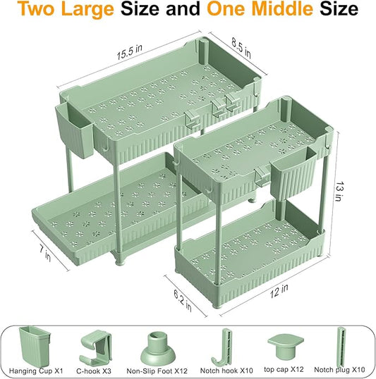 Sevenblue 3 Pack Under Sink Organizers, 2-Tier Multi-Use Kitchen and Bathroom Organizers and Storage with Sliding Drawers,Bathroom Cabinet Organizer (Green, 12.8 Inch)