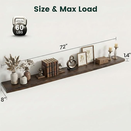 72 Inch Live Edge Floating Shelves, 8 Inch Deep Solid Elm Wood Wall Shelf, Heavy-Duty Wall Mounted Shelf with Invisible Brackets for Living Room, Bathroom, Kitchen, Set of 1, Walnut Color