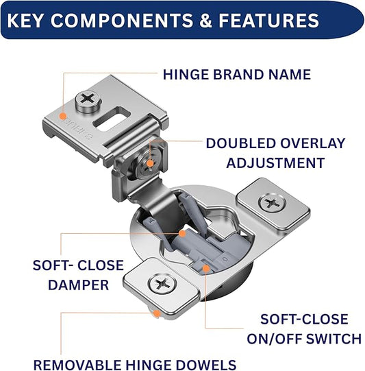 Burks Hinges 4 Pack 1 13/32'' Overlay Soft Close Hinges for Kitchen Cabinets Anti-Rust Self Closing Concealed Hinges Installation Instruction and Screws Included
