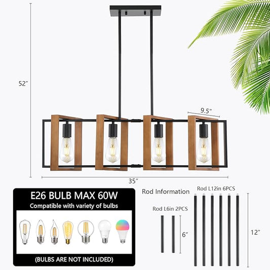 35.4" Kitchen Island Lighting,4 - Light Dining Room Farmhouse Chandelier,Black Modern Pendant Lighting,Pool Table Lights,Wood and Matte Black Metal Finish