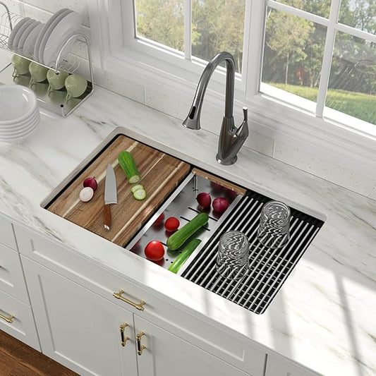 33 Inch Black Undermount Kitchen Sink Workstation - Couoko 33"x19" Black Granite Composite Kitchen Sink Quartz Classic Under Counter Single Bowl Kitchen Sinks Basin with Luxury Accessories