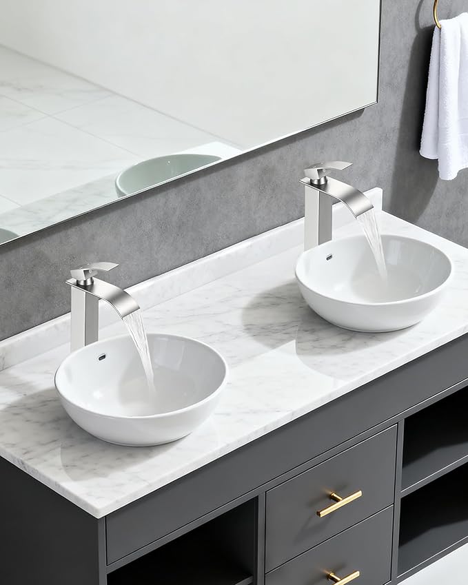 LIFG Brushed Nickel Vessel Sink Faucet, Tall Waterfall Bathroom Faucet, Single Handle One Hole Mixer Bowl Tap with Large Rectangular Spout, Bar Sink Faucet Lavatory Vanity